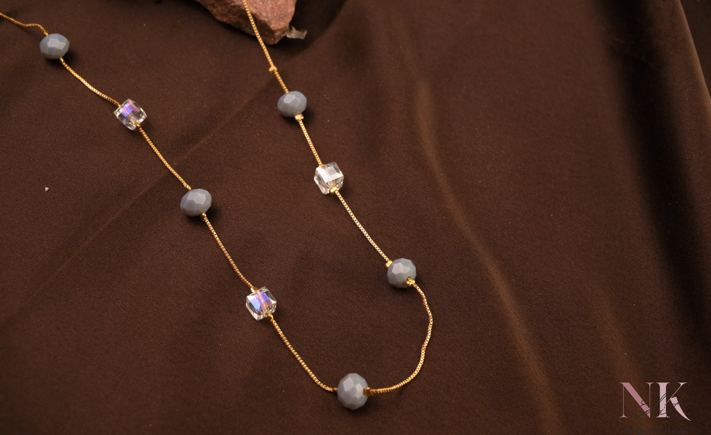 Ethereal Grey Crystal & Cube Bead Neckline