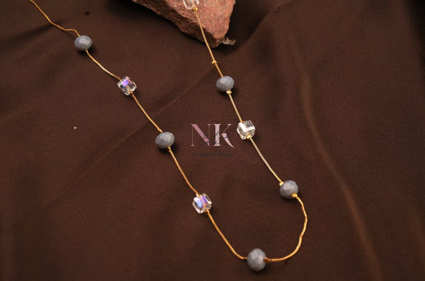 Ethereal Grey Crystal & Cube Bead Neckline