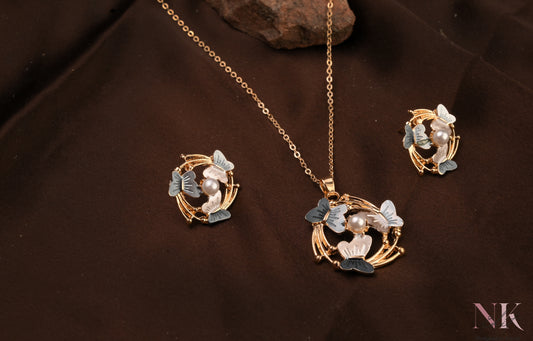 Butterfly Pearl Charm Neckline & studs Set