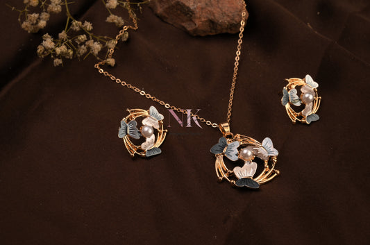 Butterfly Pearl Charm Neckline & studs Set