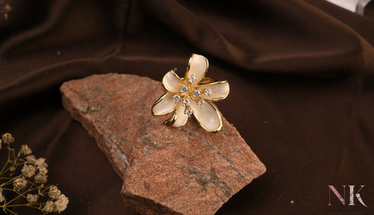 White Enamel Blossom flower CZ Ring