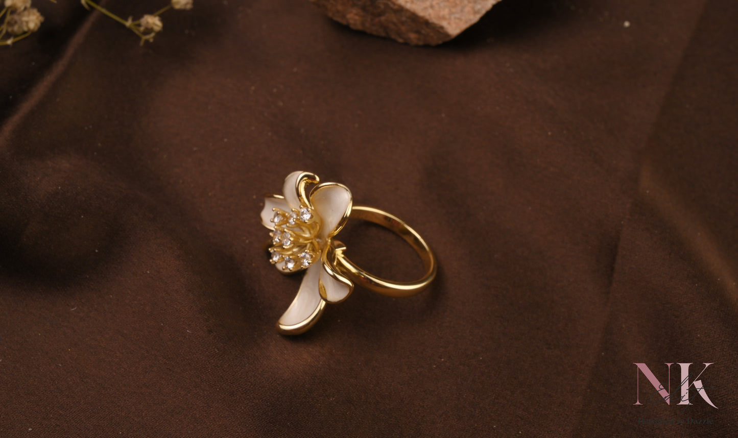 White Enamel Blossom flower CZ Ring