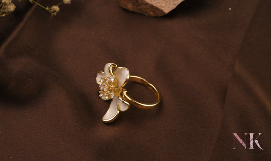 White Enamel Blossom flower CZ Ring