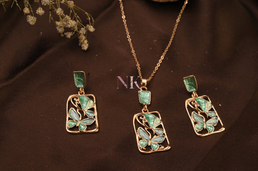 Emerald Butterfly Charm Neckline & Studs Set