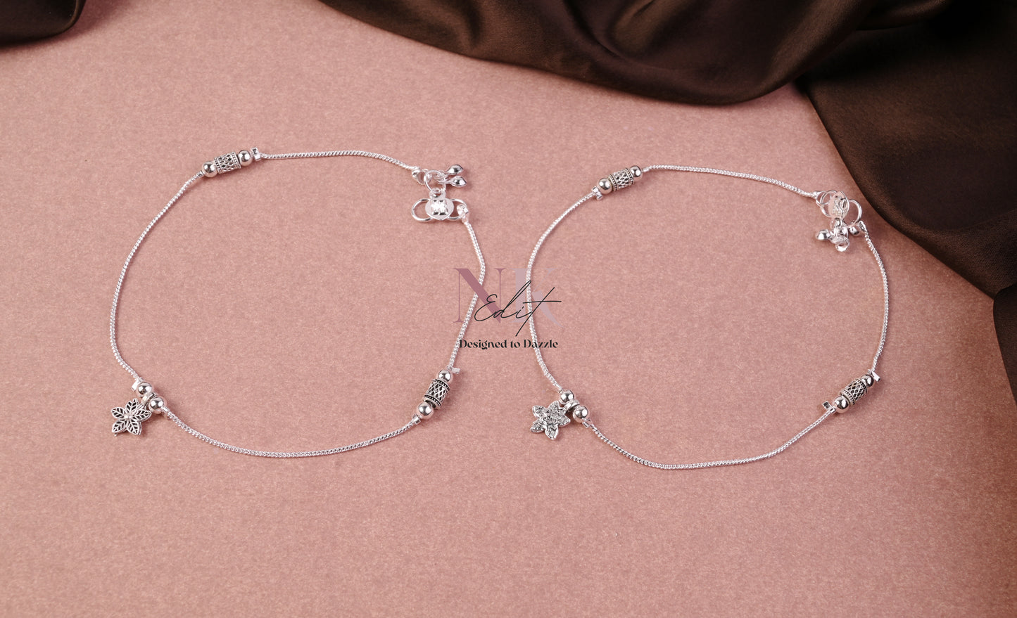Silver Floral Charm Anti-Tarnish Anklet Set