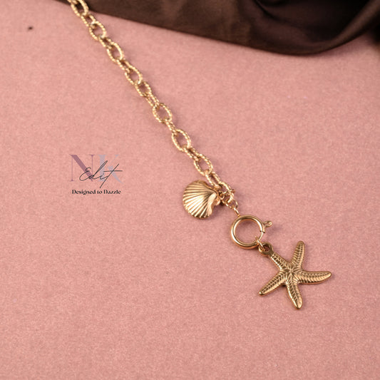 Golden Starfish & Seashell Charm Chain Bracelet