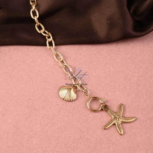 Golden Starfish & Seashell Charm Chain Bracelet