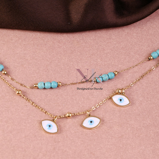 Evil Eye Charm & Turquoise Bead Dual-Layer Anklet