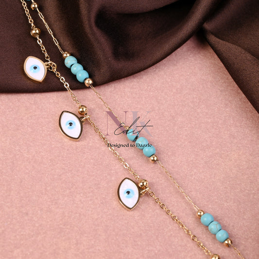 Evil Eye Charm & Turquoise Bead Dual-Layer Anklet