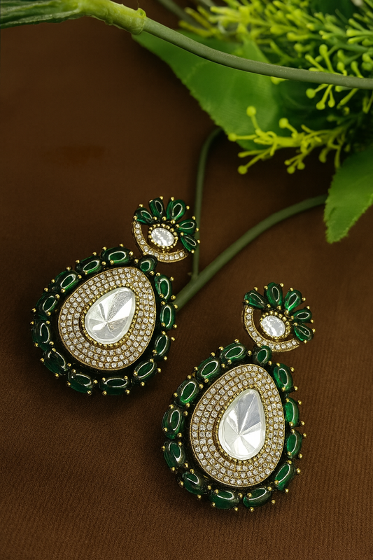 Dark Green Moissanite & Polki Teardrop Danglers