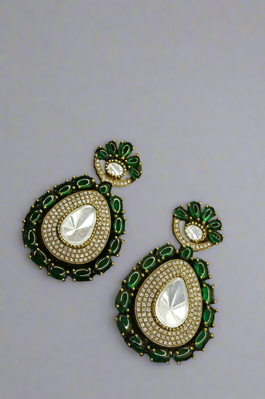 Dark Green Moissanite & Polki Teardrop Danglers