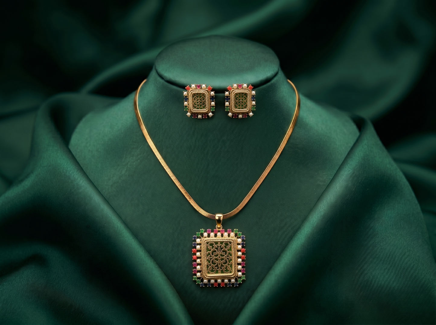 Green Rectangle Thewa Set with Multi color beads
