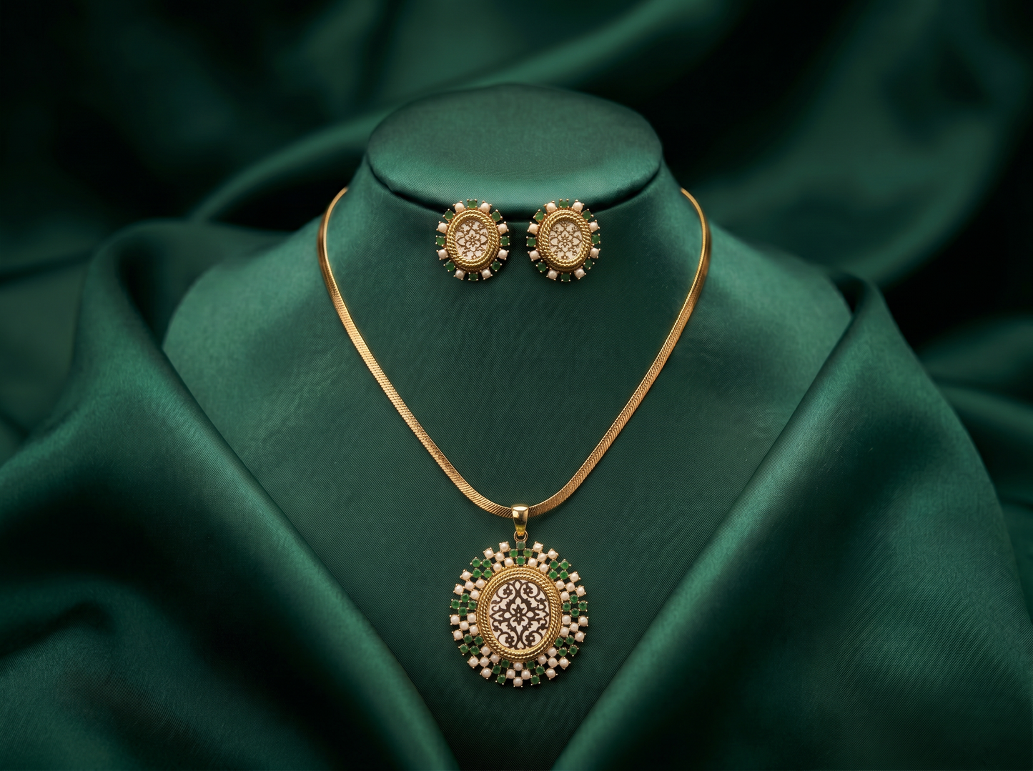 White Oval Thewa Set With Green & White Color Beads