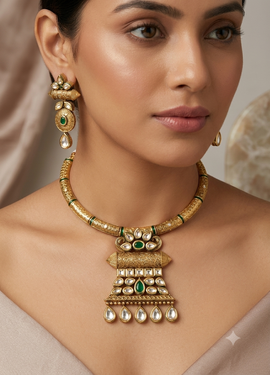 Regal vintage gold-toned collar necklace set with polki kundan drops