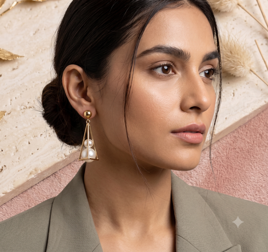 Geometric Cage Pearl Drop Earrings