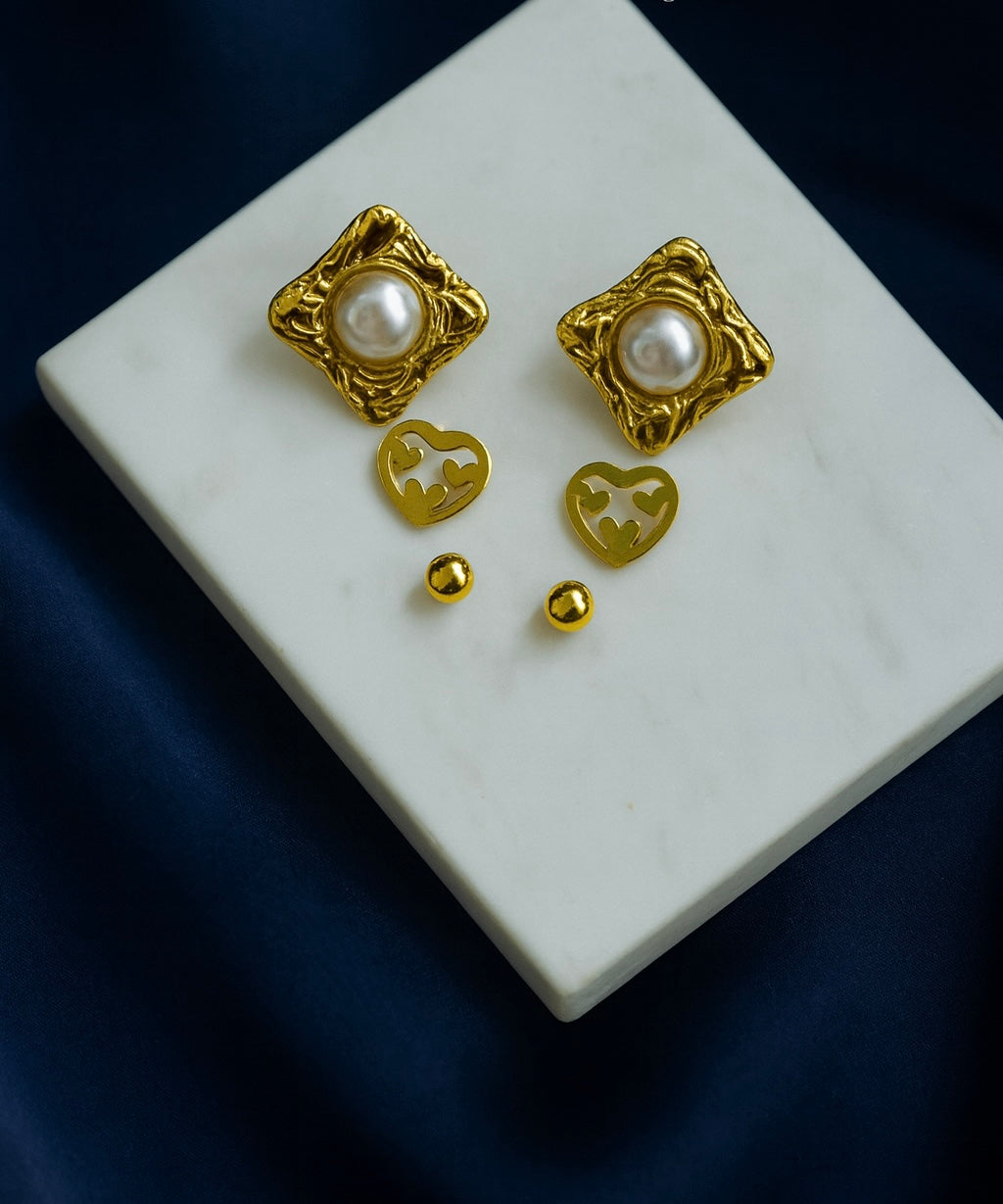 Golden Pearl & Heart Multi-Style Earring Set
