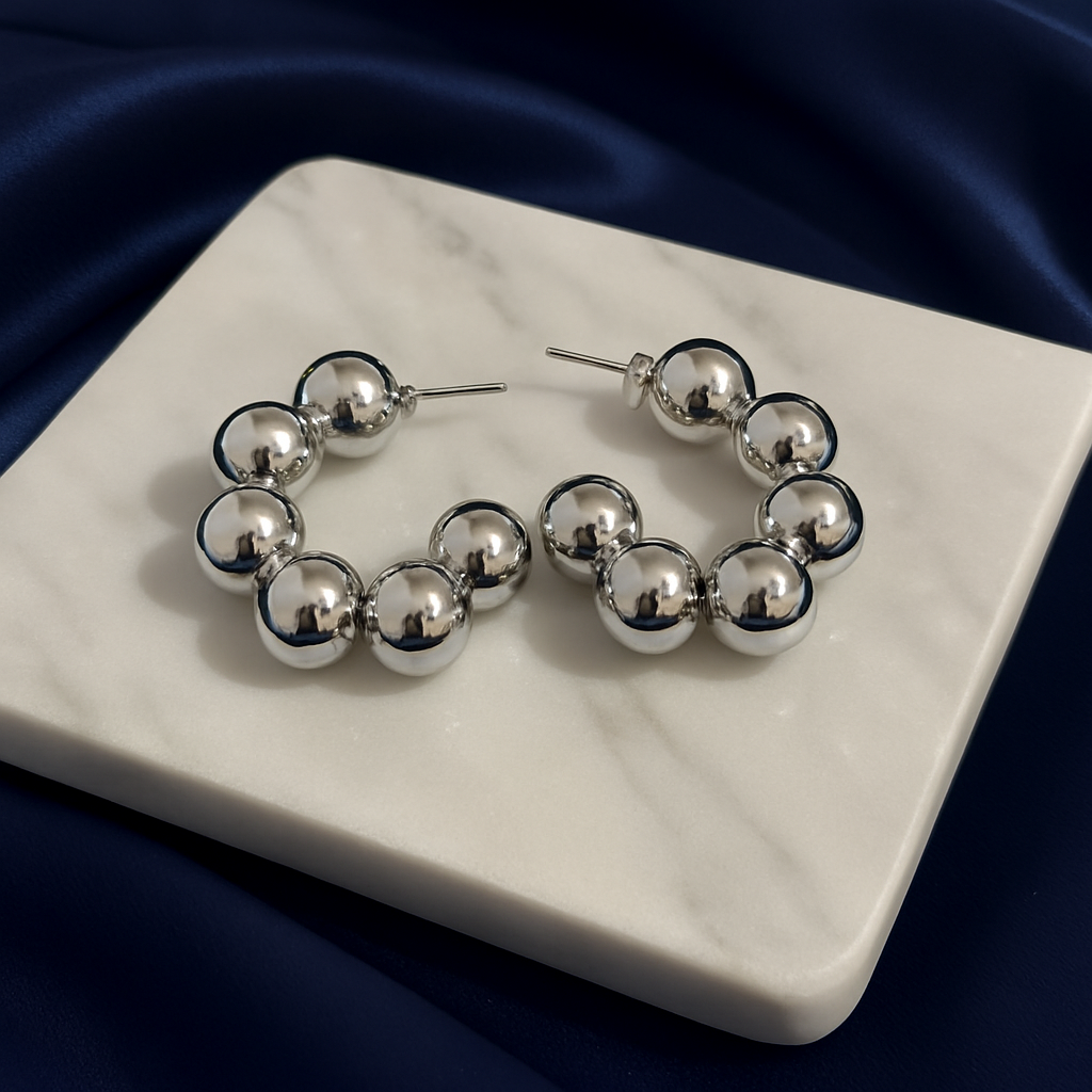 Lustrous Silver Bead Hoop Earrings