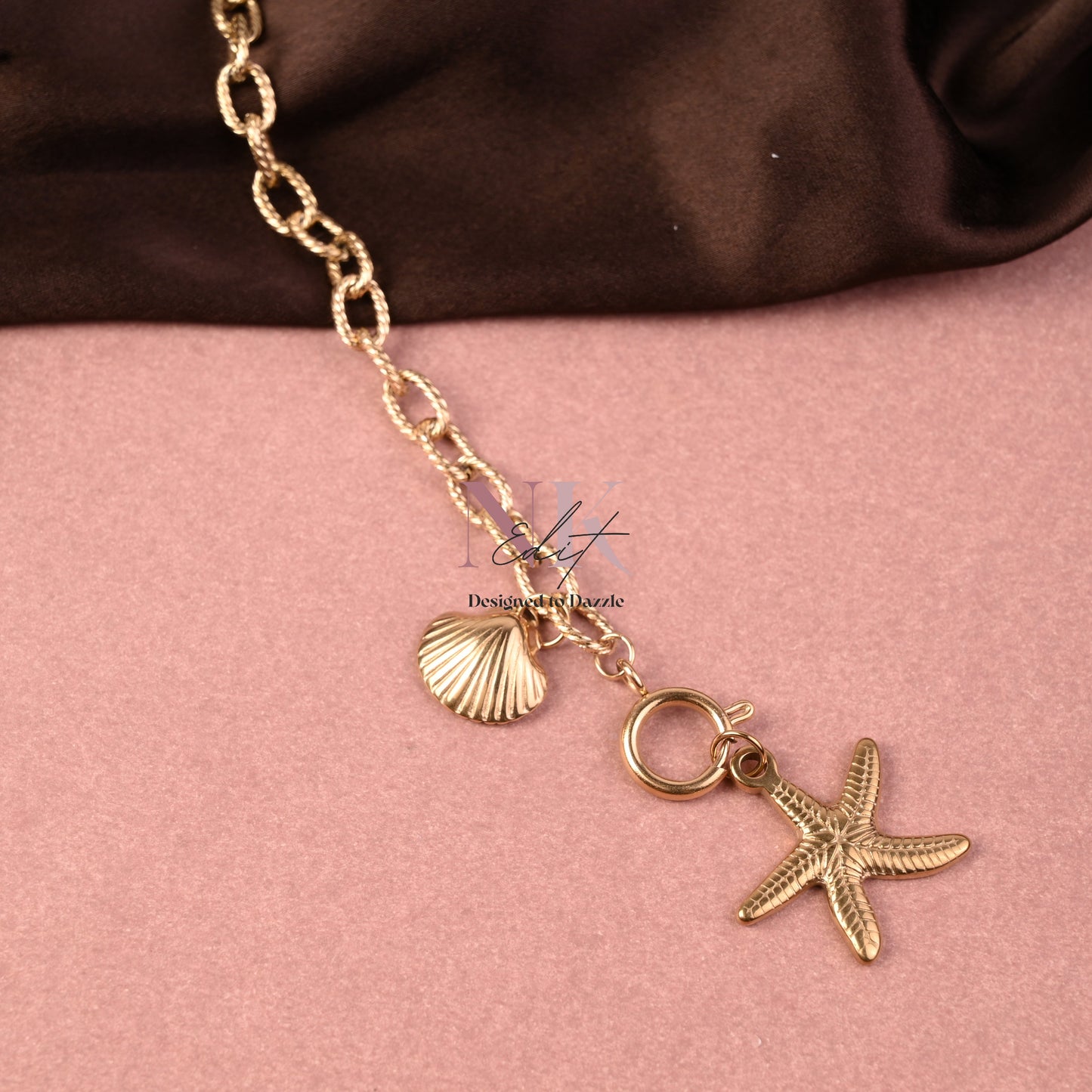 Golden Starfish & Seashell Charm Chain Bracelet