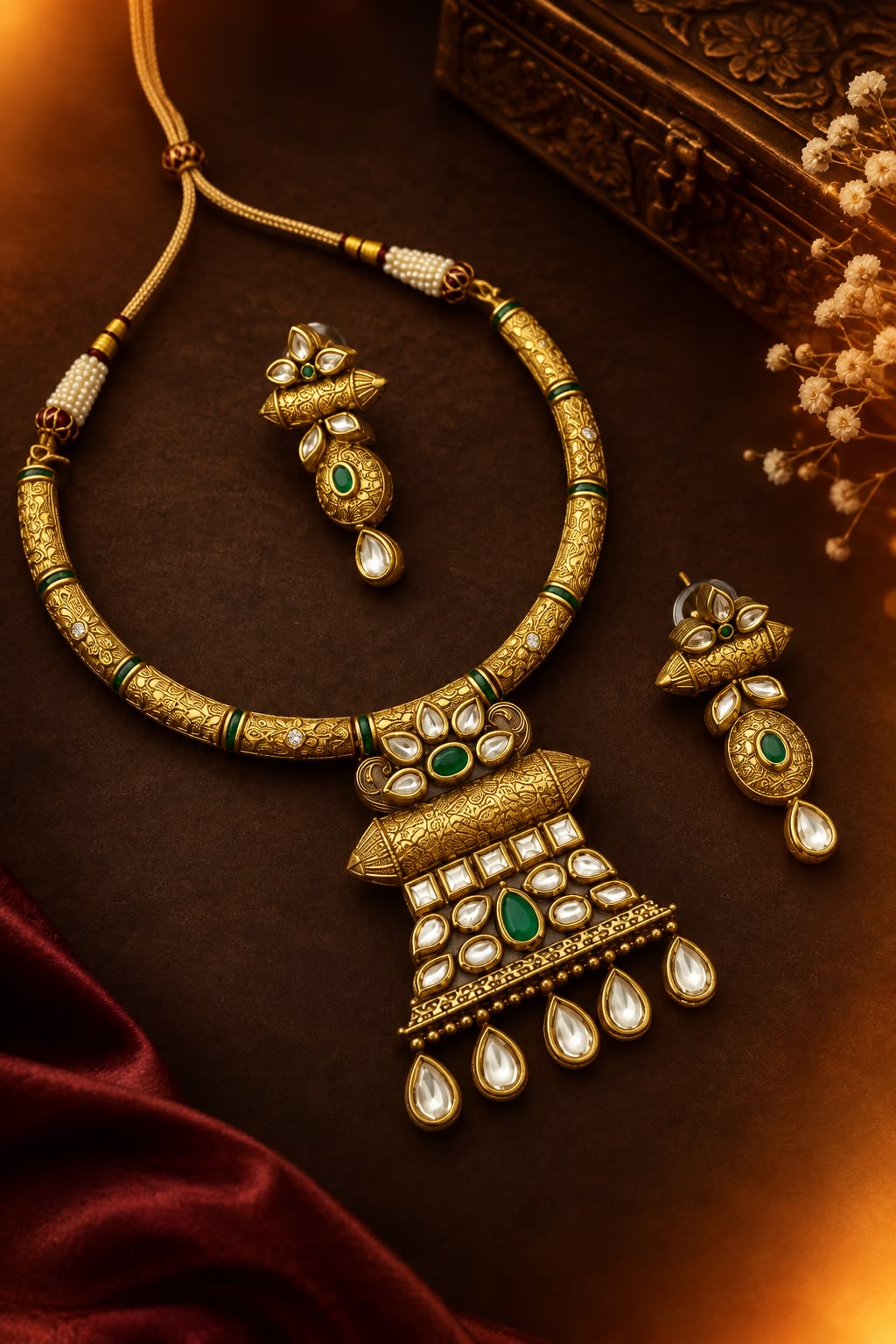 Regal vintage gold-toned collar necklace set with polki kundan drops