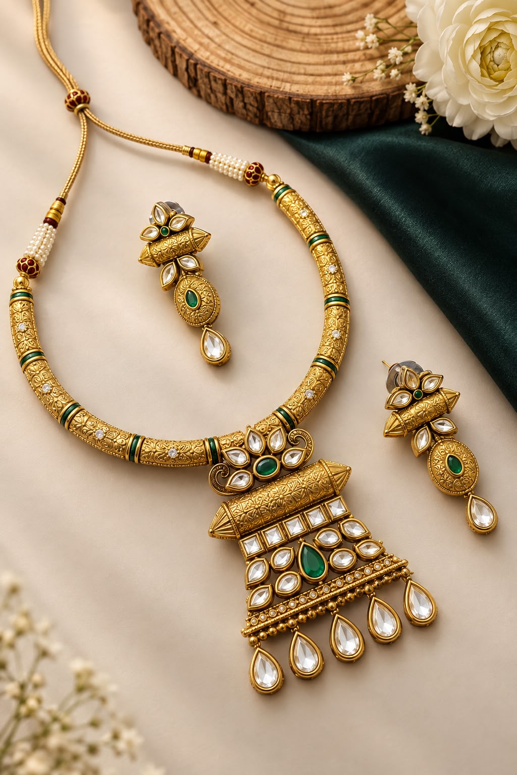 Regal vintage gold-toned collar necklace set with polki kundan drops