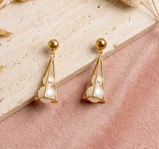 Geometric Cage Pearl Drop Earrings