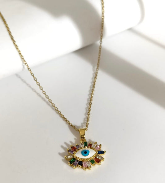 Vibrant Multi Evil Eye Pendant Neckline