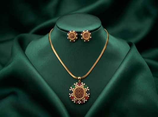 Red oval shape Thewa set with Multi color beads