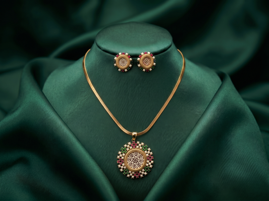 Green oval shape Thewa set with Multi color beads